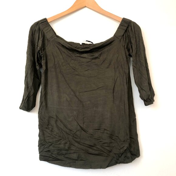 BAILEY 44 ANTHROPOLOGIE ANTHRO Off the Shoulder 3/4 Sleeve Shirt Olive Green Top - Picture 2 of 15